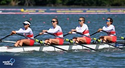 Sai Sai Faubert (b), Isabella Durcak, Zoe Durcak, Julia Teixeira (s), Under 23 Lightweight Women's Quadruple Sculls, Canada, 2024 World Rowing Senior, Under 23 & Under 19 Championships, St Catharines, Canada / © Detlev Seyb / MyRowingPhoto.com