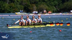 Charlotte Heyltjes (b), Rebekka Falkenberg, Claire Licht, Helena Brenke (s), Under 23 Lightweight Women's Quadruple Sculls, Germany, 2024 World Rowing Senior, Under 23 & Under 19 Championships, St Catharines, Canada / © Detlev Seyb / MyRowingPhoto.com