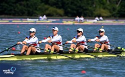 Paul Maisenhaelter (b), Philip Kaltenborn, Simon Haible, Maximilian Ruehling (s), Under 23 Lightweight Men's Quadruple Sculls, Germany, 2024 World Rowing Senior, Under 23 & Under 19 Championships, St Catharines, Canada / © Detlev Seyb / MyRowingPhoto.com