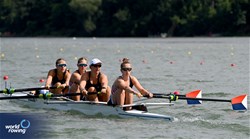 Jordan Freer (b), Olivia Bachert, Olivia Meskan, Anna Garrison (s), Carly Legenzowski (c), Under 23 Women's Coxed Four, United States of America, 2024 World Rowing Senior, Under 23 & Under 19 Championships, St Catharines, Canada / © Maren Derlien / MyRowingPhoto.com