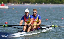 Andrei Mandrila (b), Claudiu Neamtu (s), Under 23 Men's Pair, Romania, 2024 World Rowing Senior, Under 23 & Under 19 Championships, St Catharines, Canada / © Maren Derlien / MyRowingPhoto.com