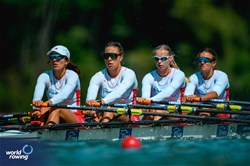 Kinga Kusiowska (b), Rozalia Linowska, Anna Khlibenko, Gabriela Stefaniak (s), Under 23 Women's Quadruple Sculls, Poland, 2024 World Rowing Senior, Under 23 & Under 19 Championships, St Catharines, Canada / © World Rowing / Benedict Tufnell