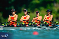Yuhuan Tian (b), Hongrui Fan, Shengnan Cheng, Yahui Li (s), Under 23 Women's Quadruple Sculls, People's Republic of China, 2024 World Rowing Senior, Under 23 & Under 19 Championships, St Catharines, Canada / © World Rowing / Benedict Tufnell