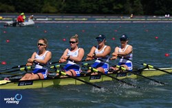Ellie Cooke (b), Lily Abbott, Megan Knight, Finnola Stratton (s), Under 23 Women's Quadruple Sculls, Great Britain, 2024 World Rowing Senior, Under 23 & Under 19 Championships, St Catharines, Canada / © Maren Derlien / MyRowingPhoto.com