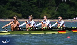 Paula Lutz (b), Johanna Debus, Charlotte Burgdorf, Rianne Lagerpusch (s), Under 23 Women's Quadruple Sculls, Germany, 2024 World Rowing Senior, Under 23 & Under 19 Championships, St Catharines, Canada / © Detlev Seyb / MyRowingPhoto.com