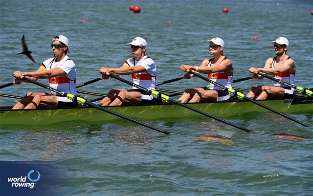 Tim Streib (b), Moritz Marchart, Fabio Kress, Joachim Agne (s), Lightweight Men's Quadruple Sculls, Germany, 2024 World Rowing Senior, Under 23 & Under 19 Championships, St Catharines, Canada / © Maren Derlien / MyRowingPhoto.com