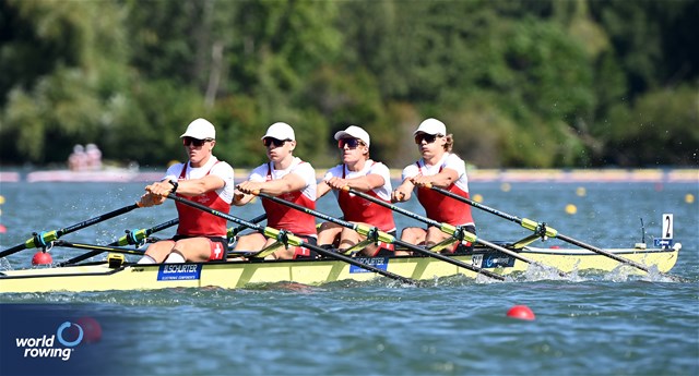 Valentin Suter (b), Constantin Feuerstein, Moritz Petry, Sebastiano Wicki (s), Under 19 Men's Quadruple Sculls, Switzerland, 2024 World Rowing Senior, Under 23 & Under 19 Championships, St Catharines, Canada / © Detlev Seyb / MyRowingPhoto.com