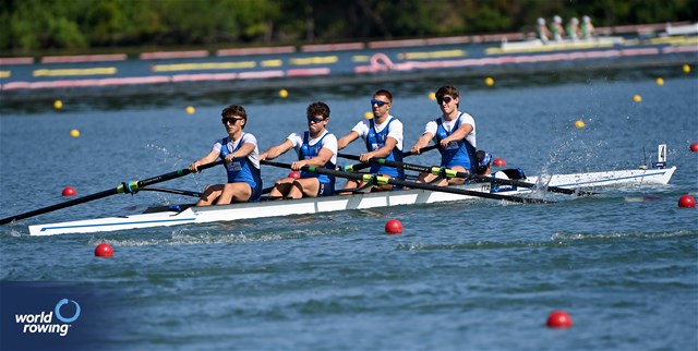 Michele Minazzato (b), Luigi Festorazzi, Gioele Re, Jacopo Cappagli (s), Riccardo Doni (c), Under 19 Men's Coxed Four, Italy, 2024 World Rowing Senior, Under 23 & Under 19 Championships, St Catharines, Canada / © Detlev Seyb / MyRowingPhoto.com