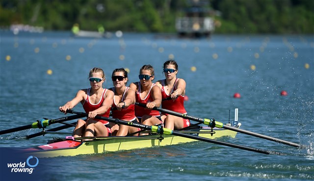Zoe Heer (b), Barbara Mcmahon, Romina Krauser, Olivia Leunig (s), Under 19 Women's Four, Switzerland, 2024 World Rowing Senior, Under 23 & Under 19 Championships, St Catharines, Canada / © Detlev Seyb / MyRowingPhoto.com
