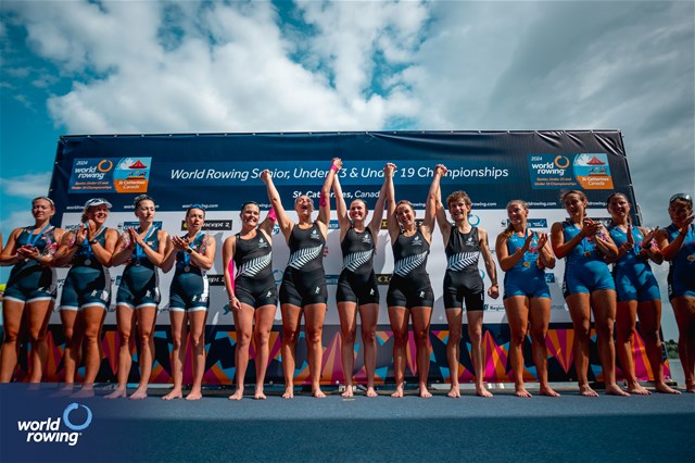 Orla Fitzgerald (b), Charlotte Darry, Jane Schellekens, Isobel Eliadis-Watson (s), Oliver Duncan (c), Under 23 Women's Coxed Four, New Zealand, Gold, Jordan Freer (b), Olivia Bachert, Olivia Meskan, Anna Garrison (s), Carly Legenzowski (c), United States of America, Silver, Anita Boldrino (b), Samantha Premerl, Nadine Agyemang-Heard, Alice Codato (s), Ilaria Colombo (c), Italy, Bronze, 2024 World Rowing Senior, Under 23 & Under 19 Championships, St Catharines, Canada / © World Rowing / Benedict Tufnell