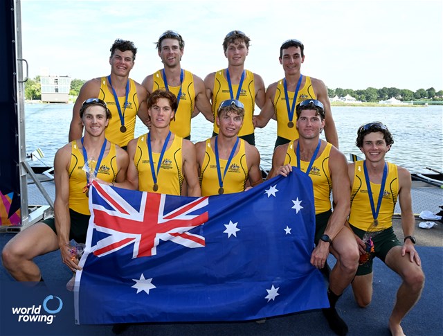 James Frederikson (b), Henry Furrer, Jeremy Beale, Andrew Weightman, Edward Nutt, Alexander Baroni, Harry Manton, Benjamin Scott (s), Jonathon Cooke (c), Under 23 Men's Eight, Australia, Bronze, 2024 World Rowing Senior, Under 23 & Under 19 Championships, St Catharines, Canada / © Detlev Seyb / MyRowingPhoto.com