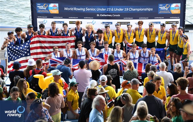 Luca Ferraro (b), Gus John, Gabriel Obholzer, Zachary Day, Cameron Beyki, Tyler Horler, Toby Lassen, Louis Nares (s), Tom Bryce (c), Great Britain, Gold, Wilson Morton (b), Julian Thomas, Blake Vogel, Kian Aminian, Keelan Good, Matthew Davis, Jason Kennedy, Samuel Sullivan (s), Sammy Houdaigui (c), United States of America, Silver, James Frederikson (b), Henry Furrer, Jeremy Beale, Andrew Weightman, Edward Nutt, Alexander Baroni, Harry Manton, Benjamin Scott (s), Jonathon Cooke (c), Australia, Bronze, Under 23 Mens Eight, 2024 World Rowing Senior, Under 23 & Under 19 Championships, St Catharines, Canada / © Maren Derlien / MyRowingPhoto.com