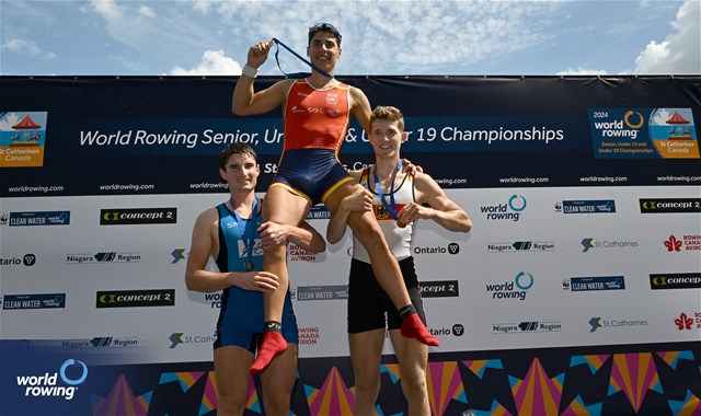 Caetano Xose Horta Pombo, Spain, Gold, Giovanni Borgonovo, Italy, Silver, Moritz Kuepper, Germany, Bronze, Under 23 Lightweight Mens Single Sculls, 2024 World Rowing Senior, Under 23 & Under 19 Championships, St Catharines, Canada / © Detlev Seyb / MyRowingPhoto.com