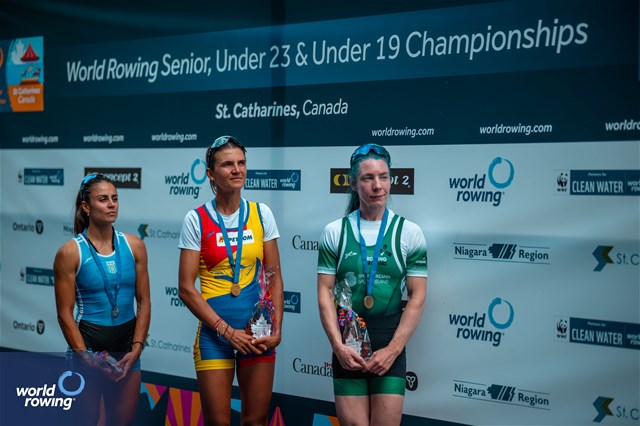 Ionela Livia Cozmiuc, Romania, Gold, Zoi Fitsiou, Greece, Silver, Siobhan Mccrohan, Ireland, Bronze, Lightweight Womens Single Sculls, 2024 World Rowing Senior, Under 23 & Under 19 Championships, St Catharines, Canada / © World Rowing / Benedict Tufnell