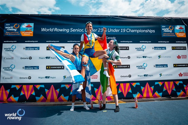 Ionela Livia Cozmiuc, Romania, Gold, Zoi Fitsiou, Greece, Silver, Siobhan Mccrohan, Ireland, Bronze, Lightweight Womens Single Sculls, 2024 World Rowing Senior, Under 23 & Under 19 Championships, St Catharines, Canada / © World Rowing / Benedict Tufnell