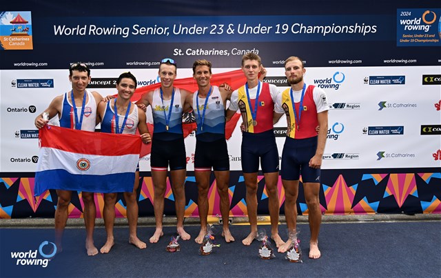 Konrad Hultsch (b), Paul Ruttmann (s), Austria, Gold, Matias Ramirez (b), Alberto Portillo (s), Paraguay, Silver, Nichita Naumciuc (b), Dmitrii Zincenco (s), Republic of Moldova, Bronze, Lightweight Mens Pair, 2024 World Rowing Senior, Under 23 & Under 19 Championships, St Catharines, Canada / © Detlev Seyb / MyRowingPhoto.com