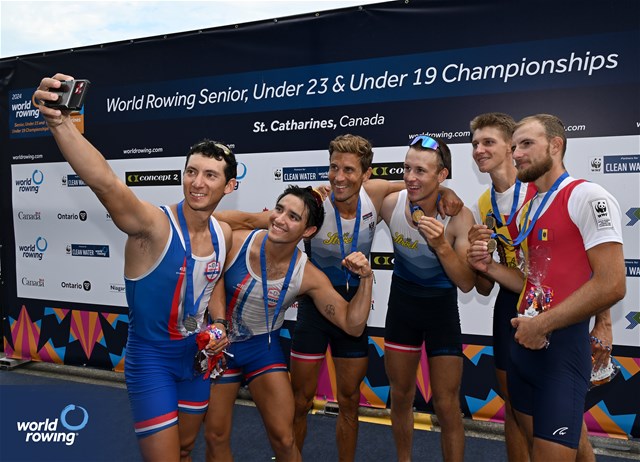 Konrad Hultsch (b), Paul Ruttmann (s), Austria, Gold, Matias Ramirez (b), Alberto Portillo (s), Paraguay, Silver, Nichita Naumciuc (b), Dmitrii Zincenco (s), Republic of Moldova, Bronze, Lightweight Mens Pair, 2024 World Rowing Senior, Under 23 & Under 19 Championships, St Catharines, Canada / © Detlev Seyb / MyRowingPhoto.com