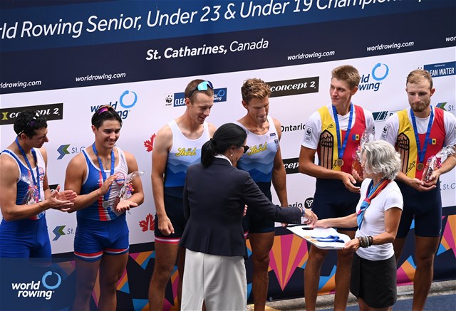 Konrad Hultsch (b), Paul Ruttmann (s), Austria, Gold, Matias Ramirez (b), Alberto Portillo (s), Paraguay, Silver, Nichita Naumciuc (b), Dmitrii Zincenco (s), Republic of Moldova, Bronze, Lightweight Mens Pair, 2024 World Rowing Senior, Under 23 & Under 19 Championships, St Catharines, Canada / © Maren Derlien / MyRowingPhoto.com