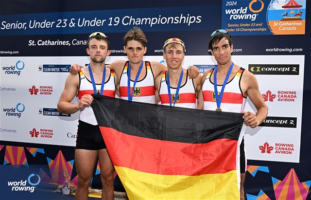 Tim Streib (b), Moritz Marchart, Fabio Kress, Joachim Agne (s), Lightweight Men's Quadruple Sculls, Germany, Bronze, 2024 World Rowing Senior, Under 23 & Under 19 Championships, St Catharines, Canada / © Detlev Seyb / MyRowingPhoto.com