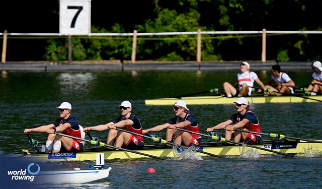 Valentin Suter (b), Constantin Feuerstein, Moritz Petry, Sebastiano Wicki (s), Under 19 Men's Quadruple Sculls, Switzerland, 2024 World Rowing Senior, Under 23 & Under 19 Championships, St Catharines, Canada / © Maren Derlien / MyRowingPhoto.com