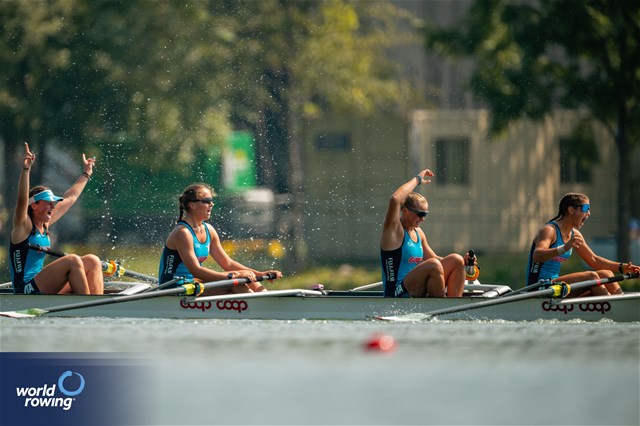 Marta Orefice (b), Giulia Orefice, Carolina Cassani, Letizia Martorana (s), Under 19 Women's Coxed Four, Italy, 2024 World Rowing Senior, Under 23 & Under 19 Championships, St Catharines, Canada / © World Rowing / Benedict Tufnell