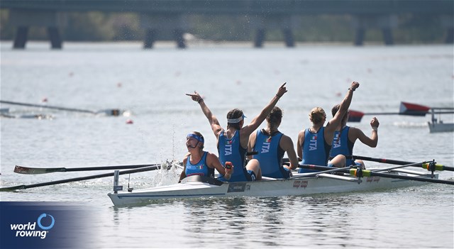 Marta Orefice (b), Giulia Orefice, Carolina Cassani, Letizia Martorana (s), Margherita Fanchi (c), Under 19 Women's Coxed Four, Italy, 2024 World Rowing Senior, Under 23 & Under 19 Championships, St Catharines, Canada / © Maren Derlien / MyRowingPhoto.com