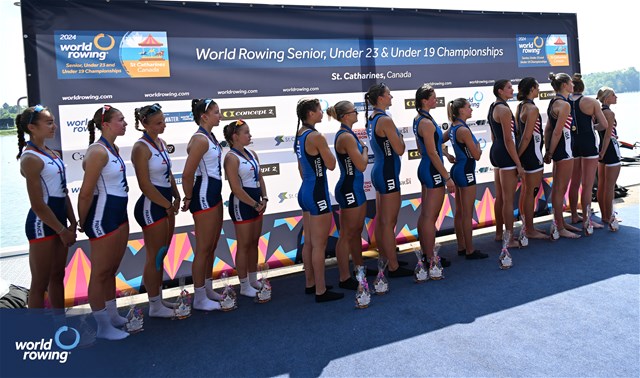 Marta Orefice (b), Giulia Orefice, Carolina Cassani, Letizia Martorana (s), Margherita Fanchi (c), Italy, Gold, Lou Phillipe (b), Daphne Belin, Lola Goessens, Nina Blain (s), Baia Rocher Juge (c), France, Silver, Alexis Gormley (b), Eden Alfi, Chloe Frushtick, Kathryn Dahl (s), Avery Harries-Jones (c), United States of America, Bronze, Under 19 Womens Coxed Four, 2024 World Rowing Senior, Under 23 & Under 19 Championships, St Catharines, Canada / © Detlev Seyb / MyRowingPhoto.com