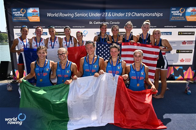Marta Orefice (b), Giulia Orefice, Carolina Cassani, Letizia Martorana (s), Margherita Fanchi (c), Italy, Gold, Lou Phillipe (b), Daphne Belin, Lola Goessens, Nina Blain (s), Baia Rocher Juge (c), France, Silver, Alexis Gormley (b), Eden Alfi, Chloe Frushtick, Kathryn Dahl (s), Avery Harries-Jones (c), United States of America, Bronze, Under 19 Womens Coxed Four, 2024 World Rowing Senior, Under 23 & Under 19 Championships, St Catharines, Canada / © Detlev Seyb / MyRowingPhoto.com