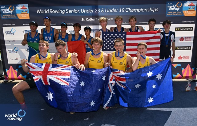 Samuel Basha (b), Matias Moloney, Tomas Moloney, Ambrose Hennessy (s), Henry Burton (c), Australia, Gold, Michele Minazzato (b), Luigi Festorazzi, Gioele Re, Jacopo Cappagli (s), Riccardo Doni (c), Italy, Silver, Aemon Morlan (b), Aidan Montanaro, Ryan Jorgensen, Thomas Carpenter (s), John Mershon (c), United States of America, Bronze, Under 19 Mens Coxed Four, 2024 World Rowing Senior, Under 23 & Under 19 Championships, St Catharines, Canada / © Detlev Seyb / MyRowingPhoto.com