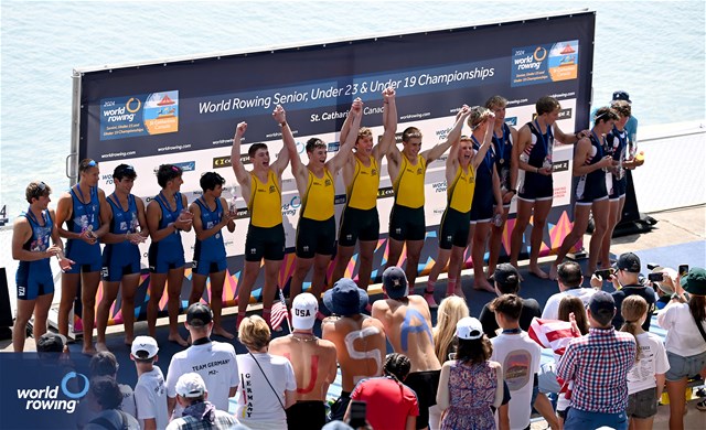 Samuel Basha (b), Matias Moloney, Tomas Moloney, Ambrose Hennessy (s), Henry Burton (c), Australia, Gold, Michele Minazzato (b), Luigi Festorazzi, Gioele Re, Jacopo Cappagli (s), Riccardo Doni (c), Italy, Silver, Aemon Morlan (b), Aidan Montanaro, Ryan Jorgensen, Thomas Carpenter (s), John Mershon (c), United States of America, Bronze, Under 19 Mens Coxed Four, 2024 World Rowing Senior, Under 23 & Under 19 Championships, St Catharines, Canada / © Maren Derlien / MyRowingPhoto.com
