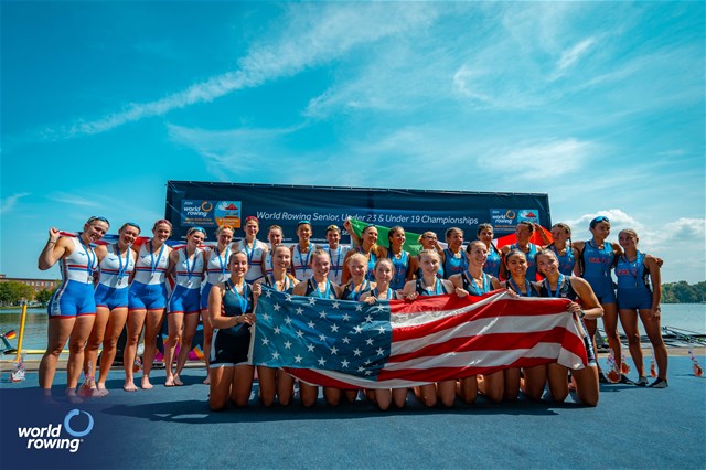 Delaney Lundberg (b), Emily Tierney, Lia Nathan, Cecily Shaber, Claire Van Praagh, Charlotte Jett, Lauren Dubois, Carly Brown (s), Lucy Herrick (c), United States of America, Gold, Abigail Smith (b), Ansley Vicars, Emily Downing, Izabella Habdank - Toczyska, Sophie Sinclair, Amelia Westbrook, Ava Thurnham, Sophie Haisman (s), Victor Bocquet (c), Great Britain, Silver, Maria Vittoria Crevatin (b), Letizia Martorana, Carolina Cassani, Sara Lucia Caterisano, Matilde Orsetti, Giulia Orefice, Marta Orefice, Vittoria Pastorelli (s), Margherita Fanchi (c), Italy, Bronze, Under 19 Womens Eight, 2024 World Rowing Senior, Under 23 & Under 19 Championships, St Catharines, Canada / © World Rowing / Benedict Tufnell