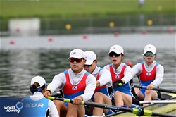 Hyounjoo Kang (b), Jiin Bae, Seonwoong Choi, Seungho Lee (s), Hakyung Seo (c), PR3 Mixed Coxed Four, Republic of Korea, 2024 Paralympic Games Rowing Regatta, Paris, France / © World Rowing / Detlev Seyb