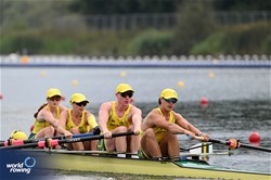 Susannah Lutze (b), Alexandra Viney, Thomas Birtwhistle, Toby Goffsassen (s), Hannah Cowap (c), PR3 Mixed Coxed Four, Australia, 2024 Paralympic Games Rowing Regatta, Paris, France / © World Rowing / Detlev Seyb