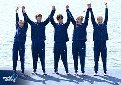 Skylar Dahl (b), Gemma Wollenschlaeger, Alex Flynn, Ben Washburne (s), Emelie Eldracher (c), PR3 Mixed Coxed Four, United States of America, Silver, 2024 Paralympic Games Regatta, Paris, France / © World Rowing / Detlev Seyb