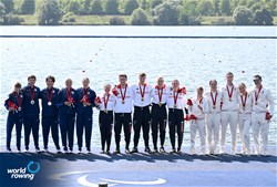 Francesca Allen (b), Giedre Rakauskaite, Joshua O'Brien, Edward Fuller (s), Erin Kennedy (c), Great Britain, gold, Skylar Dahl (b), Gemma Wollenschlaeger, Alex Flynn, Ben Washburne (s), Emelie Eldracher (c), United States of America, silver, Candyce Chafa (b), Remy Taranto, Gregoire Bireau, Margot Boulet (s), Emilie Acquistapace (c), France, bronze, PR3 Mixed Coxed Four, 2024 Paralympic Games Regatta, Paris, France / © World Rowing / Detlev Seyb