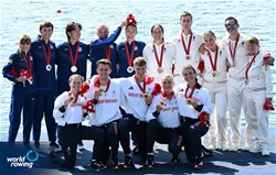 Francesca Allen (b), Giedre Rakauskaite, Joshua O'Brien, Edward Fuller (s), Erin Kennedy (c), Great Britain, gold, Skylar Dahl (b), Gemma Wollenschlaeger, Alex Flynn, Ben Washburne (s), Emelie Eldracher (c), United States of America, silver, Candyce Chafa (b), Remy Taranto, Gregoire Bireau, Margot Boulet (s), Emilie Acquistapace (c), France, bronze, PR3 Mixed Coxed Four, 2024 Paralympic Games Regatta, Paris, France / © World Rowing / Detlev Seyb