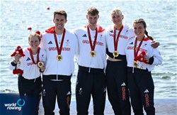 Francesca Allen (b), Giedre Rakauskaite, Joshua O'Brien, Edward Fuller (s), Erin Kennedy (c), PR3 Mixed Coxed Four, Great Britain, Gold, 2024 Paralympic Games Regatta, Paris, France / © World Rowing / Detlev Seyb