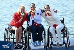 Moran Samuel, Israel, gold, Birgit Lovise Roekkum Skarstein, Norway, silver, Nathalie Benoit, France, bronze, PR1 Womens Single Sculls, 2024 Paralympic Games Regatta, Paris, France / © World Rowing / Detlev Seyb