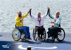 Benjamin Pritchard, Great Britain, gold, Roman Polianskyi, Ukraine, silver, Erik Horrie, Australia, bronze, PR1 Mens Single Sculls, 2024 Paralympic Games Regatta, Paris, France / © World Rowing / Detlev Seyb