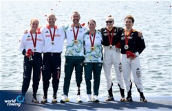Nikki Ayers (b), Jed Altschwager (s), Australia, gold, Samuel Murray (b), Annabel Caddick (s), Great Britain, silver, Jan Helmich (b), Hermine Krumbein (s), Germany, bronze, PR3 Mixed Double Sculls, 2024 Paralympic Games Regatta, Paris, France / © World Rowing / Detlev Seyb
