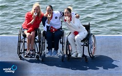 Moran Samuel, Israel, gold, Birgit Lovise Roekkum Skarstein, Norway, silver, Nathalie Benoit, France, bronze, PR1 Womens Single Sculls, 2024 Paralympic Games Regatta, Paris, France / © World Rowing / Detlev Seyb