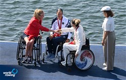 Moran Samuel, Israel, gold, Birgit Lovise Roekkum Skarstein, Norway, silver, Nathalie Benoit, France, bronze, PR1 Womens Single Sculls, 2024 Paralympic Games Regatta, Paris, France / © World Rowing / Detlev Seyb
