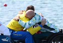 Roman Polianskyi, Ukraine, silver, Erik Horrie, Australia, bronze, PR1 Mens Single Sculls, 2024 Paralympic Games Regatta, Paris, France / © World Rowing / Detlev Seyb