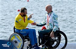 Roman Polianskyi, Ukraine, silver, Erik Horrie, Australia, bronze, PR1 Mens Single Sculls, 2024 Paralympic Games Regatta, Paris, France / © World Rowing / Detlev Seyb
