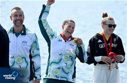 Nikki Ayers (b), Jed Altschwager (s), PR3 Mixed Double Sculls, Australia, Gold, 2024 Paralympic Games Regatta, Paris, France / © World Rowing / Detlev Seyb