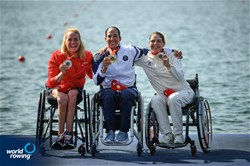Moran Samuel, Israel, gold, Birgit Lovise Roekkum Skarstein, Norway, silver, Nathalie Benoit, France, bronze, PR1 Womens Single Sculls, 2024 Paralympic Games Rowing Regatta, Paris, France / © World Rowing / Benedict Tufnell
