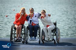 Moran Samuel, Israel, gold, Birgit Lovise Roekkum Skarstein, Norway, silver, Nathalie Benoit, France, bronze, PR1 Womens Single Sculls, 2024 Paralympic Games Rowing Regatta, Paris, France / © World Rowing / Benedict Tufnell