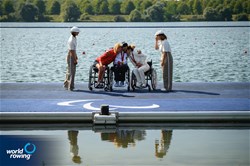 Moran Samuel, Israel, gold, Birgit Lovise Roekkum Skarstein, Norway, silver, Nathalie Benoit, France, bronze, PR1 Womens Single Sculls, 2024 Paralympic Games Rowing Regatta, Paris, France / © World Rowing / Benedict Tufnell