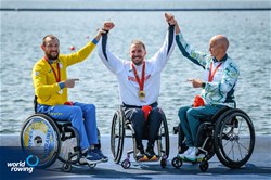 Benjamin Pritchard, Great Britain, gold, Roman Polianskyi, Ukraine, silver, Erik Horrie, Australia, bronze, PR1 Mens Single Sculls, 2024 Paralympic Games Rowing Regatta, Paris, France / © World Rowing / Benedict Tufnell