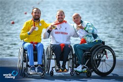 Benjamin Pritchard, Great Britain, gold, Roman Polianskyi, Ukraine, silver, Erik Horrie, Australia, bronze, PR1 Mens Single Sculls, 2024 Paralympic Games Rowing Regatta, Paris, France / © World Rowing / Benedict Tufnell